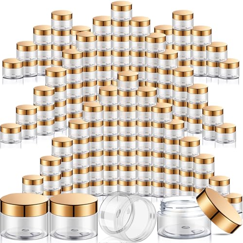 SATINIOR 100 Pcs Plastic Jars with Lids Small Containers Lids Wide Mouth Small Plastic Containers for Lotion Cream Rhinestones Body Butters Travel Storage(1 oz,Gold) by SATINIOR - Used condition - US$43.36