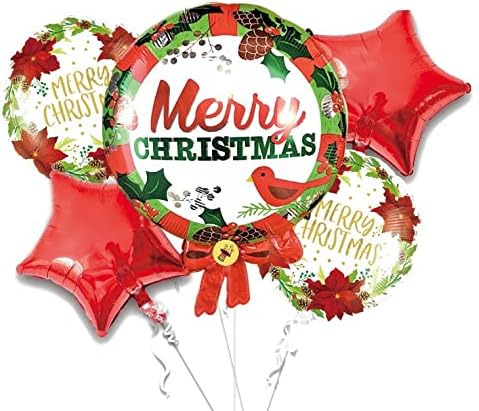 Atpata Funky Merry Christmas Wreath Shape (Set Of 5) Xmas Theme Foil Balloons For Christmas Party Decorations, Multicolor