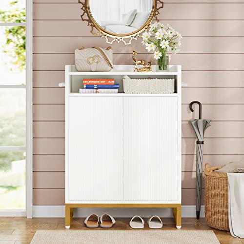 Tribesigns Shoe Cabinet 5-Tier Shoe Storage Cabinet With Open Shelves & Hooks, Freestanding Wooden Shoe Rack Storage Modern Shoe Organizer For Entryway, Hallway, Bedroom, Small Space (White & Gold) #TOP2