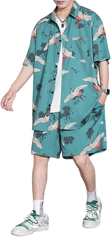 Amazon.co.jp: [D.IIZOO] 鶴柄 アロハシャツ セットアップ メンズ 半袖
