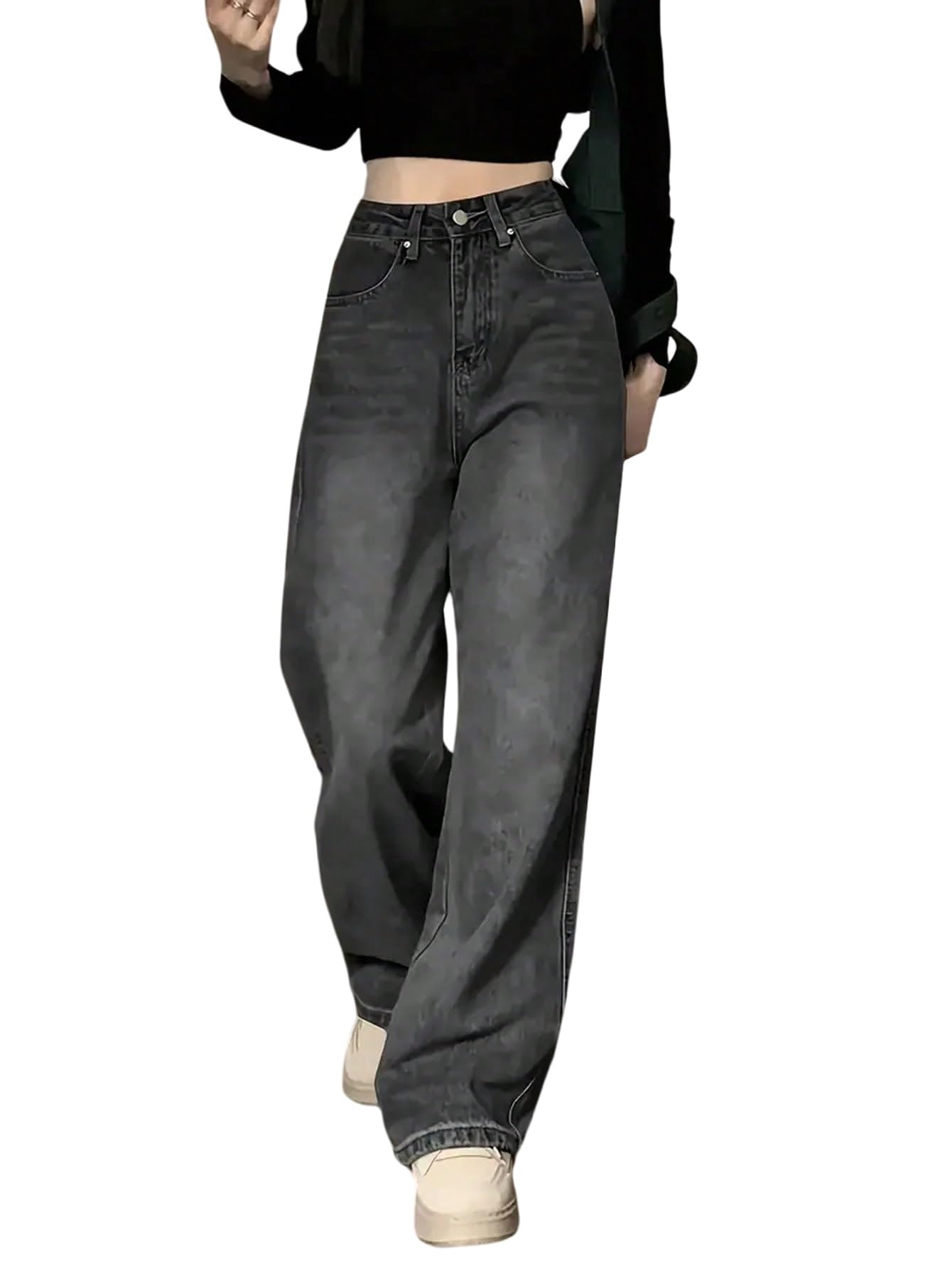 SweatyRocks Jeans da ragazza a vita alta jeans con tasche a gamba larga, jeans con chiusura lampo, jeans in denim con bottone, pantaloni casual
