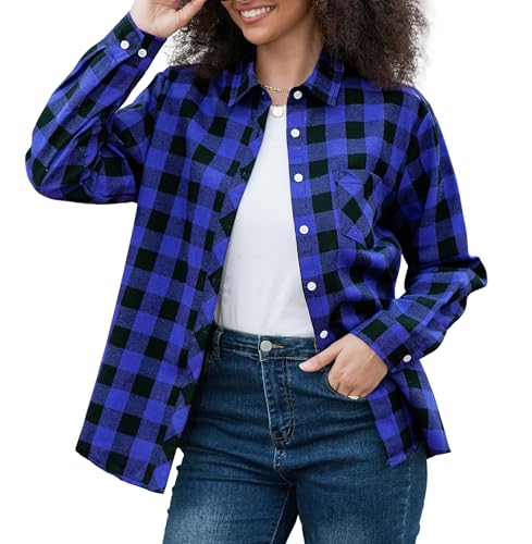 Image of SANGTREE Women and Girls Long Sleeve Flannel Casual Button Down Plaid Shirt