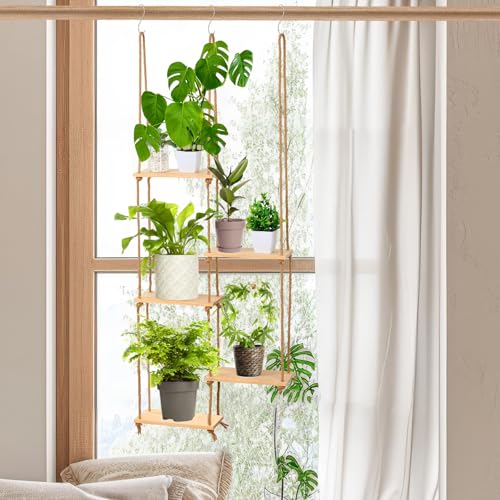 Novabright 5 Tier Hanging Window Plant Shelf with Wooden Shelves, Wood Window Sill Plant Stand Indoor, Boho Hanging Planter Hanger with Adjustable Rope for Bedroom Decor(Natural Wood Color,1 Pcs)