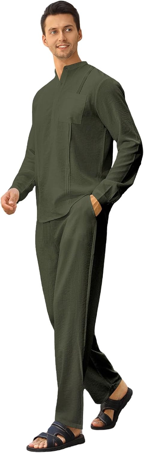 Men's 2 Piece Set Long Sleeve Casual Henley Shirts Loose Pants Set Lounge Vacation Outfits Summer Beach Set - Image 6