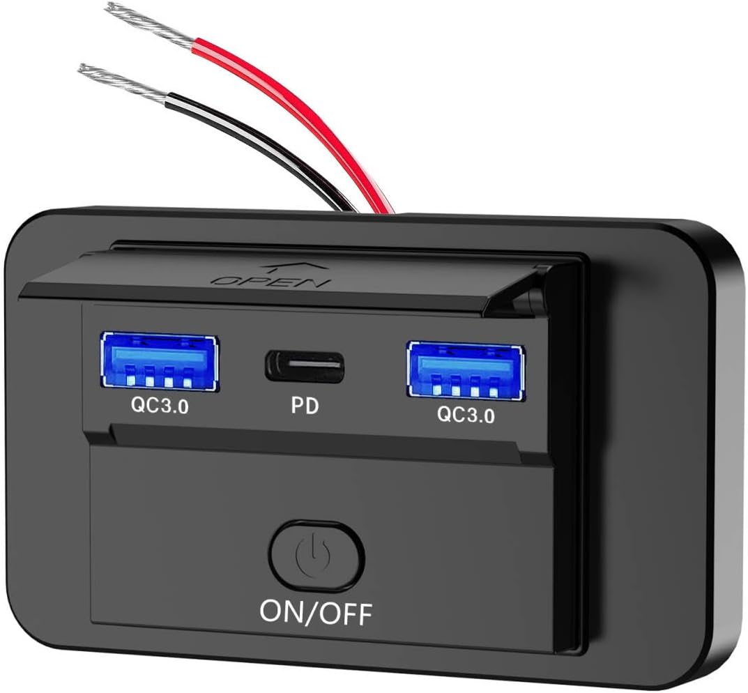 12V USB Socket Panel Wall Mounted PD 3.0 30W and QC 3.0 18W Ports for Car, 12 Volt USB Cigarette Lighter Replacement Charger Socket Panel with Button Switch for Cars Motorcycles Buses