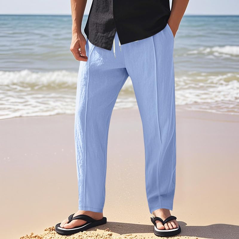 Mens Linen Blend Pants Loose Fit Elastic Waist Drawstring Lightweight Breathable Summer Beach Trousers with Pockets2