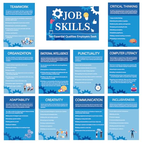 HIQINLUG 11 PCS Job Skills Posters Classroom Decorations, High School College Classroom Decorations Essential Qualities Educational Job Skills Poster for High Schools Teacher Decor Supplies