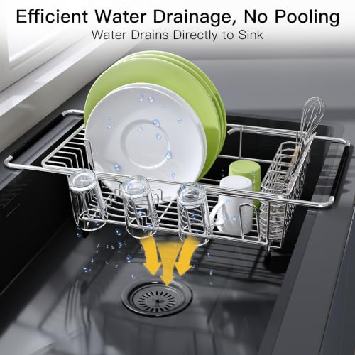 Image of JASIWAY Stainless Steel Dish Drying Rack in Sink with Metal Utensil Holder