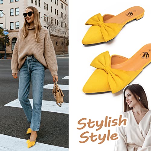 Trary Backless Loafers For Women, Slip On Poited Toe Yellow Mules For Women Flats, Bow Closed Toe Yellow Flats Ladies Mules For Women Flats, Suede Women's Mules, Yellow Mules Shoes For Women-Yellow 06 #TOP2