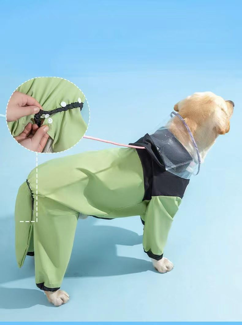 Manteau de pluie imperméable pour chien avec capuche transparente et trou pour laisse, veste de pluie réglable avec couverture complète des jambes pour pattes sèches – Léger et respirant pour chiens