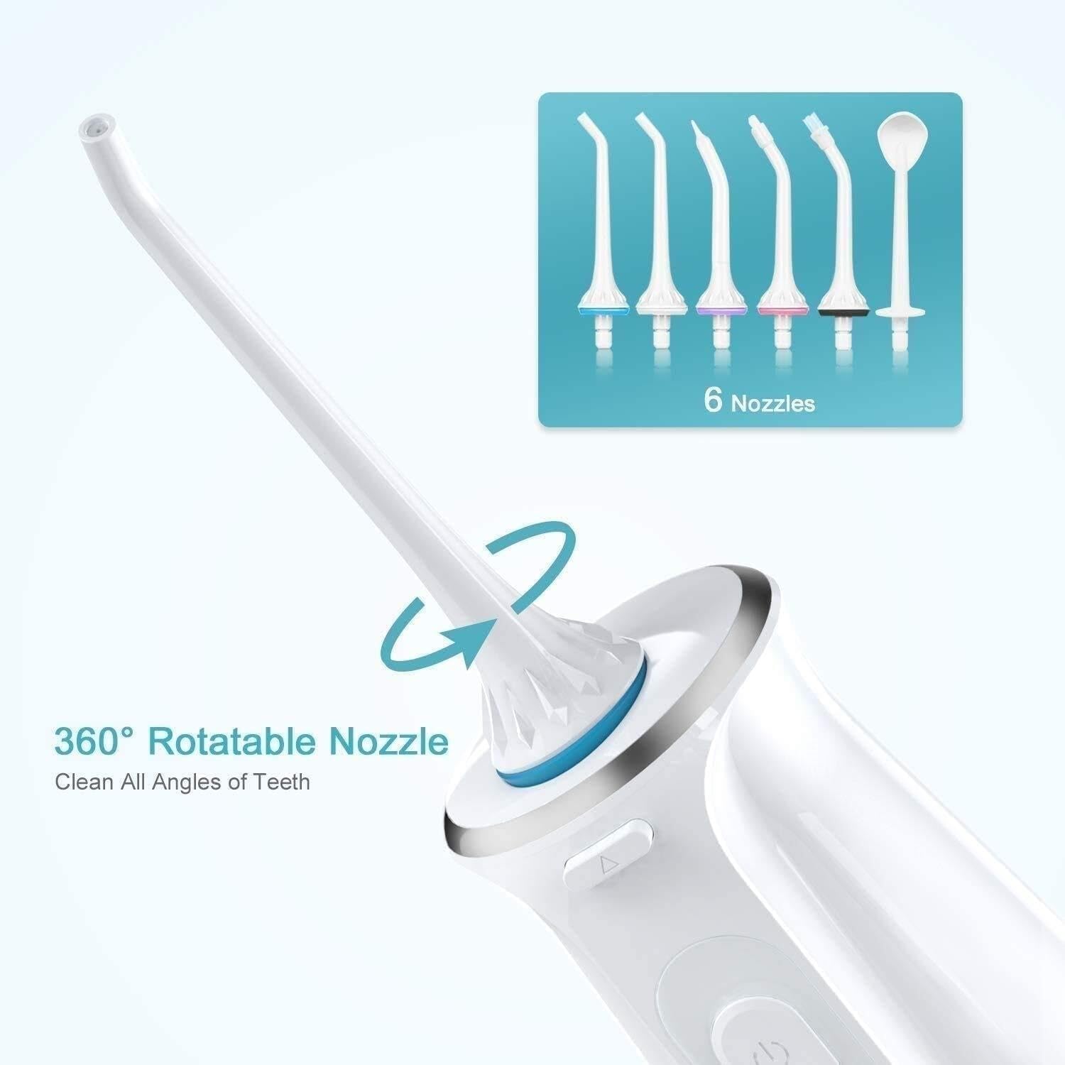 Irrigador bucal portátil con 3 Modos, 6 boquillas reemplazables, Recargable, Impermeable, Ideal for el hogar y Viajes, depósito extraíble de 300 ml.