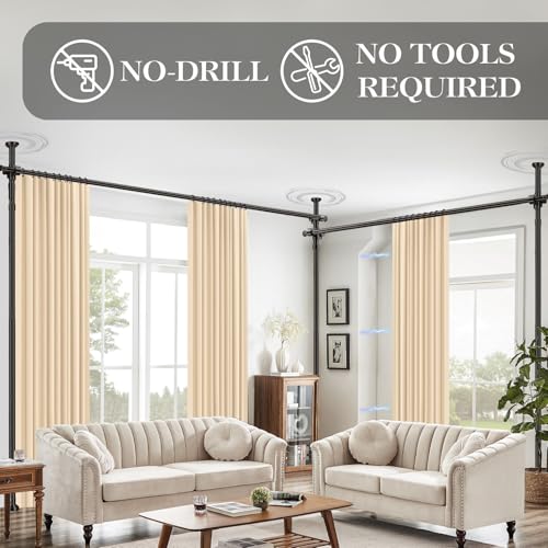 Image of Room Divider Curtain Set-No Drilling Curtain Rod Set, Retractable Room Divider, Adjustable for Office Bedroom, Easy Install Beige-100 W x 96 inch L(Pack of 2)