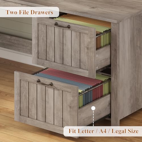 Image of SEDETA Farmhouse 63 inch Executive Desk, Wood Computer Desk with Drawers and Storage Cabinet, Home Office Desk with File Drawer and Monitor Stand, Wood Desk for Work Study Writing, Grey