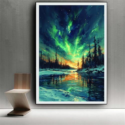Broderie Diamant 5D Aurores Boréales, Peinture Strass Grand Format 70x90cm Haute Définition