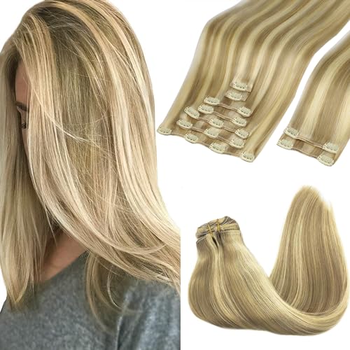 Image of GOO GOO Clip in Hair Extensions Real Human Hair, Remy Human Hair Extensions Clip ins for Women, Natural Human Hair, 18inch 150g 9Pcs, 16 /22 Light Blonde Highlighted Golden Blonde