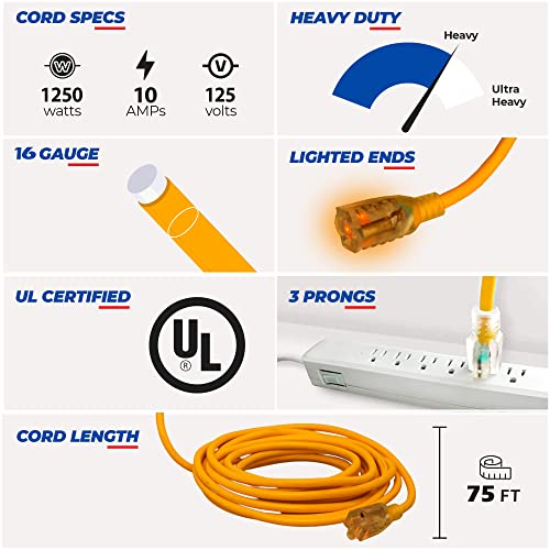 75 Ft Power Extension Cord Outdoor & Indoor Heavy Duty 16 Gauge/3 Prong Sjtw (Yellow) Lighted End Extra Durability 10 Amp 125 Volts 1250 Watts By Lifesupplyusa #TOP1