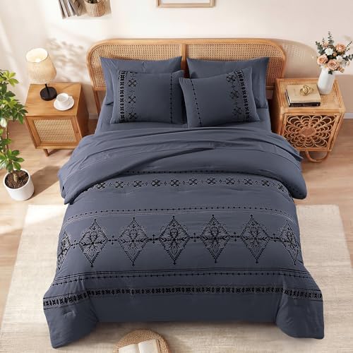 Image of MaiReve Queen Comforter Set Embroidery Floral 7 Pieces Bed in a Bag