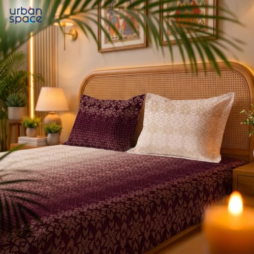 Image of Urban Space Serene 300TC 100% Cotton Bedsheet for Double Bed, Panel Design Bedsheet, Printed Queen Size Bed Sheet with 2 Pillow Covers (90 x 100 Inches, Sun&Sand Wine)