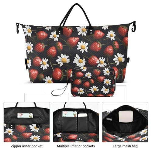 Strawberry Daisy Flower Black Travel Duffle Bag Gym Bag Weekender Bags with Toiletry Bag Travel Trip Tote Bag2