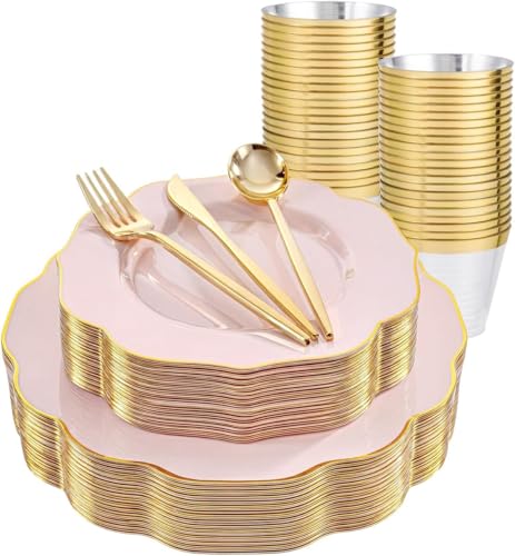 bUCLA 180PCS Pink Plastic Plates - Pink with Gold Rim Disposable for Party Include 30 Each (Dinner & Dessert) Plates 30 Knives 30 Forks 30 Spoons 30 Cups for Wedding Birthday & Mothers Day