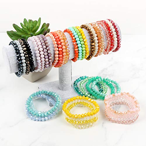 Bohemian Multi-Layer Beaded Stacking Bracelet - Versatile Stretch Strand Statement Wrap Slip-On Cuff Bangle Shiny Crystal Bead Metallic, Usa Flag, Rainbow Pride (Sparkly Mix - Light Pink) #TOP3