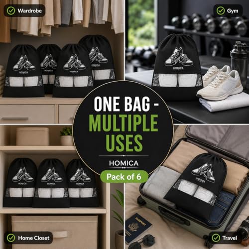 Image of Shoe Bags for Travel, Non-Woven Pouches with Transparent Window, Reusable Storage Organiser for Gym, Luggage, Wardrobe, Black, (Pack of 6)