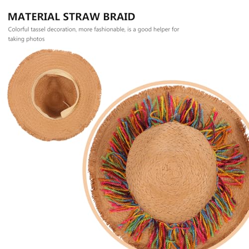 Sombrero grande de paja caqui con borlas coloridas para mujer miniatura 4