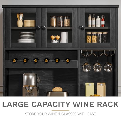 DWVO 71''H Kitchen Pantry Cabinet with Drawer, Doors, Goblet Holder, Wine Rack for Storage, Pantry Cabinet with Power Outlet for Kitchen & Living Room (Black Oak)
