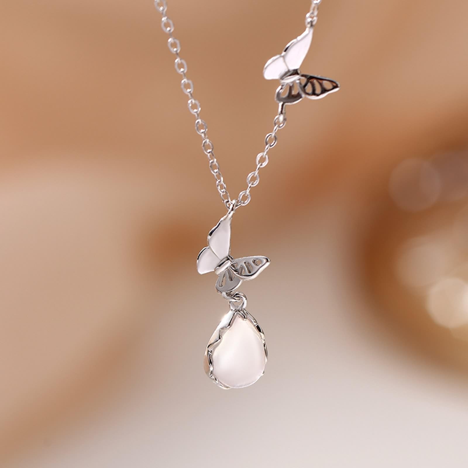 KnSam Au 375/585/750 Weiß Gold Halskette für Damen Echt Goldschmuck, Schmetterling Tropfen Damenkette Anhänger mit Mondstein (Tropfenschliff Transparent), Kette Frauen Weißgold 9K/14K/18K, 40+5CM