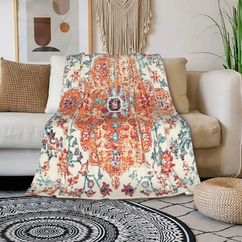 HGOD DESIGNS Carpet Pattern Boho Style Ethnic Design Orange Blue Blanket Throw Blanket Soft Comfortable for Sofa Chair Bed Office 100x130cm - Image 3