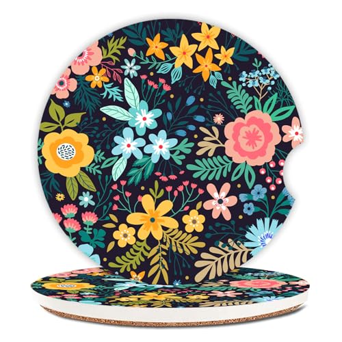 Adastrah Absorbent Car Coasters 2 Pack for Cup Holders, 2.56" Ceramic Stone & Non-Scratch Cork Base Drink Coasters(Flowers 1)