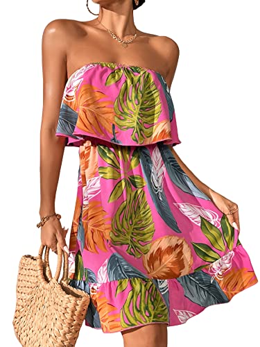 SOLY HUX Summer Dresses for Women Tropical Print Strapless Sleeveless Ruffle Hem Tube Dress HotPink L