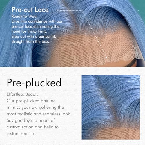 Image of Light Blue Body Wave Lace Front Wig Human Hair 180% Density Colored Human Hair Wigs For Women HD 13x4 Lace Frontal Wig Virgin Brazilian Hair 18 Inch