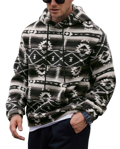VOGSTART Mens Fashion Casual Sweatshirt Gentle Native Hoody Plush Fuzzy Retro Tribal Aztec Fleece Fluff Hoodie Black - Ethnic Prints L