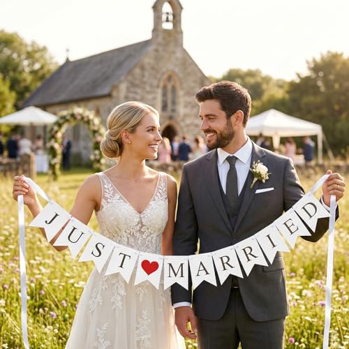 Vintage Just Married Banner Wedding Bunting Photo Booth Props Signs Garland Bridal Shower Decoration (White)