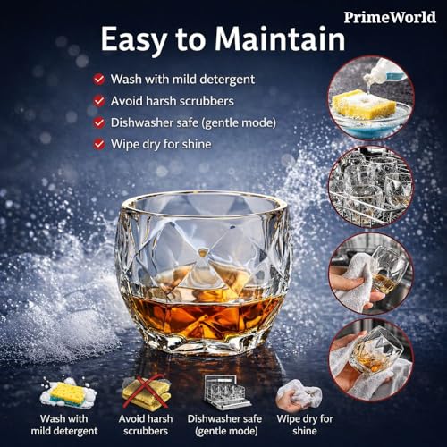 Image of PrimeWorld Stylish European Crystal Whiskey Glasses Set of 6 pcs- 300 ml Bar Glass for Drinking Bourbon, Whisky, Scotch, Cocktails, Cognac- Old Fashioned Cocktail Tumblers