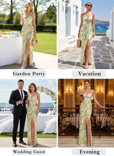 Image of VFSHOW Womens Sexy Spaghetti Strap Formal Prom Evening Gala Long Maxi Dress | Ruched Hight Slit, Sweetheart, Cocktail Wedding Guest Fitted Bodycon Gown