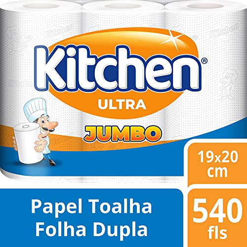 Papel Toalha Kitchen Jumbo Folha Dupla - Pack com 3 rolos de 180 unidades de 19x20 cm cada