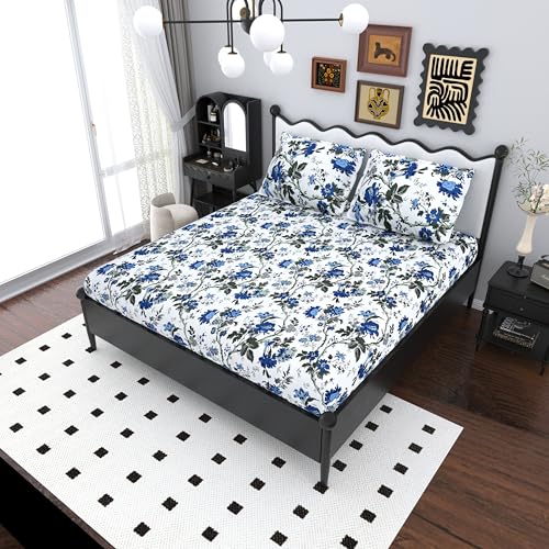 Image of Mafatlal Saanjh 144 TC Cotton King Size Bed Sheet 108x108 Inch | Elegant Floral Print Bedsheet | Soft Breathable Fabric | 2 Pillow Covers Included | Sapphire Blue