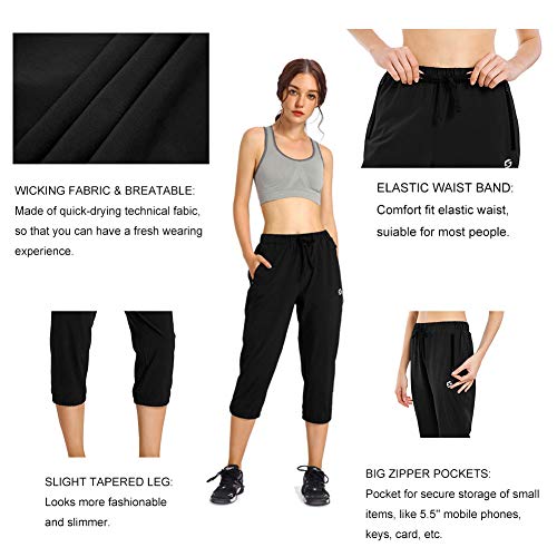 Womens Lightweight Jogger Capri Pants Quick Dry Workout Running Capris Sun Protection Upf 50+ Zipper Pockets Black #TOP4