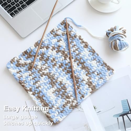 Image of #6 Super Bulky Blanket Yarn for Crocheting - 4 Skeins(Each 10.5oz /300g, 220yds /201m), Chunky Chenille Thick Plush Big Soft Yarn for Crocheting Knitting Blankets, Khaki & Blue & White