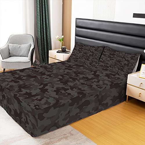 Black Grey Camo Bed Skirt, Camouflage Bed Skirts King Size For Kids Boys Teens Youth Adult Men Bedroom Decor, Abstract Campaign Camo Bedskirt Soft Luxury Microfiber Bedding Set With 2 Pillow Cases #TOP1