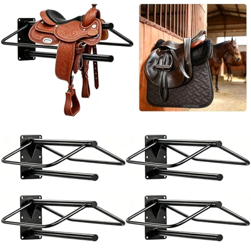 Youlina 4 Pack Wall Mounted Saddle Rack with Pad Bar Heavy Duty Black Horse Saddle Stand for English & Western Saddles Sturdy Storage for Saddle Pads & Blankets