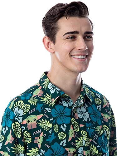 Star Wars Men's The Mandalorian Grogu Baby Yoda Leaves Hawaiian Button Up Shirt2