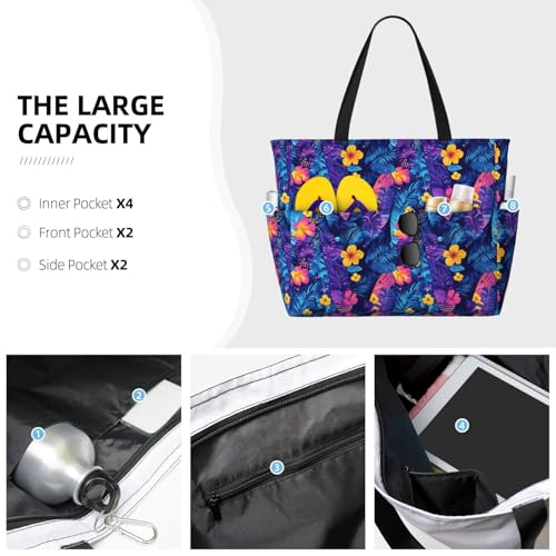 Large Beach Bags for Women Sandproof - Tropical Colorful Plants Print Summer Work Travel Tote Bags with Zipper3