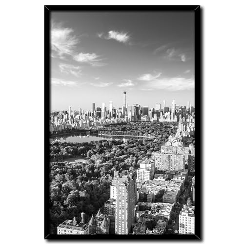 daazoo Bild New York Central Park mit Rahmen 50 x 70 cm (AUFHÄNGFERTIG) - Das grüne Herz New Yorks - Gerahmtes Wandbild - Bilder Set - schwarzweiß schwarzweiss schwarz weiss weiß