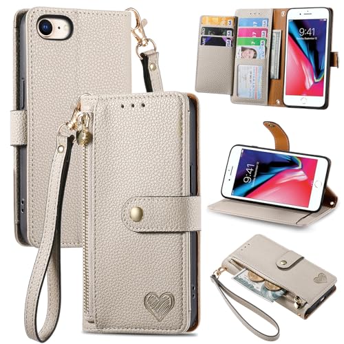 Image of VEEMOS Zipper Wallet Case for Apple iPhone SE 2020 / SE 2022 5G / iPhone 7 / iPhone 8 Phone Case with Purse Card Holders RFID Blocking Leather Flip Case Book Cover Wrist Strap Women - Gray
