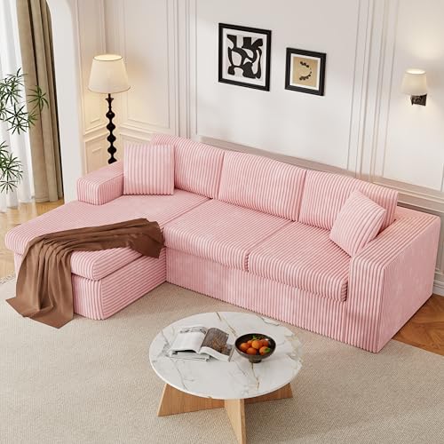 JAMFLY 105 Boneless Couches for Living Room Modular Sectional Sofa L-Shape Couch with Oversized Chaise Cloud Couch Deep Seat Memory Foam Upholstered for Bedroom Plush Corduroy Fabric Baby Pink