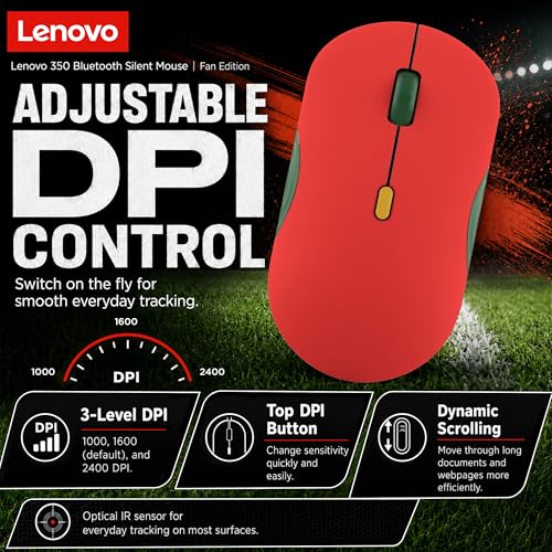 Image of Lenovo 350 Bluetooth Silent Mouse (Fan Edition), Wireless Ergonomic Ambidextrous Design, Bluetooth 5.3, Adjustable DPI up to 2400, 36 Month Battery Life, Recycled Materials, Portugal Flag