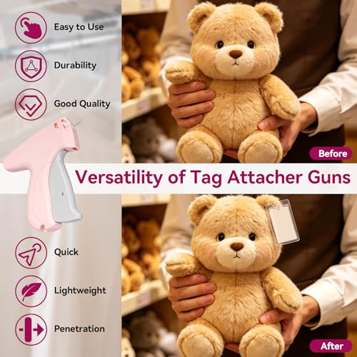 Image of AISOSO Handheld Tagging Gun for Clothes, with Fasteners in Two Sizes, Pink | Includes 0.5mm Needle Quick Clothing Fixer, 1500pcs Each in 0.98 inch and 1.38 inch Lengths, for Securing Cuffs, Collars, Tags